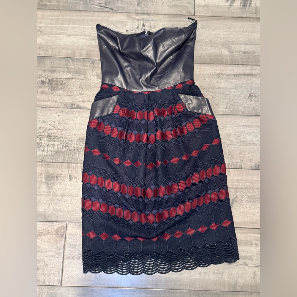 Eva Franco- Embroidered Midi Faux Leather Pencil Dress in Wine Navy. Size 4